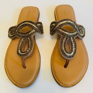 Aldo Gold Beaded Sandals, Women's Size 7, Flat Sandals